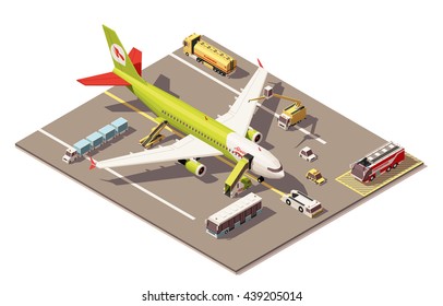 Vector Isometric infographic element or icon representing low poly airport apron area, jet airplane, ground support vehicles and equipment