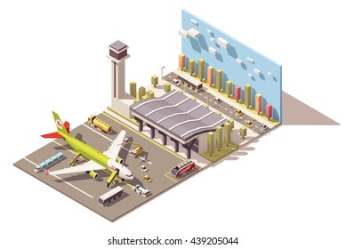 Vector Isometric infographic element or icon representing low poly airport terminal, jet airplane, ground support vehicles and traffic control tower