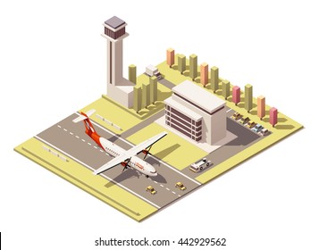 Vector Isometric Infographic Element Or Icon Representing Low Poly Airport Terminal With Traffic Control Tower, Landing Propeller Airplane, Ground Support Vehicles