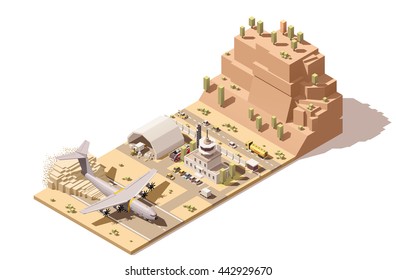 Vector Isometric infographic element or icon representing desert low poly  airport terminal, jet airplane landing on dusty runway, ground support vehicles and traffic control tower