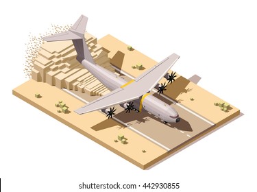Vector Isometric infographic element or icon representing low poly humanitarian or military cargo airplane landing on dusty runway