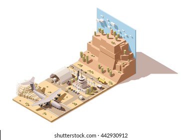 Elemento infográfico isométrico vetorial ou ícone representando terminal aeroportuário de baixo poli, avião de pouso em pista empoeirada, veículos de apoio terrestre e torre de controle de tráfego do aeroporto