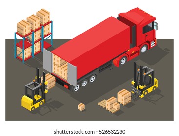 Vector Isometric infographic element or icon representing box truck and forklift loading pallets with cardboard boxes