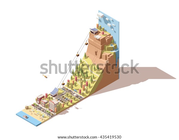 Vector Isometric infographic element or\
icon representing cableway travel to the viewing platform on\
mountain with waterfall from the town on the sea\
beach