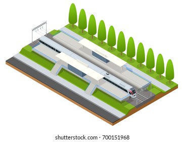 Vector isometric infographic element Railway Station Building Terminal. City Train. Building Facade Train Station public train station building with passenger trains, platform, related infrastructure