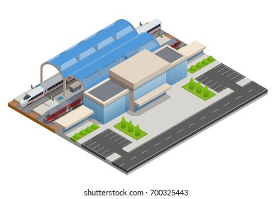 Vector isometric infographic element Railway Station Building Terminal. City Train. Building Facade Train Station public train station building with passenger trains, platform, related infrastructure