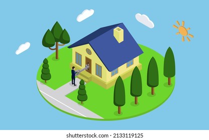 Vector isometric infographic element representing suburban building. Vector illustration