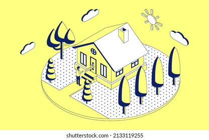 Vector isometric infographic element representing suburban building. Vector illustration