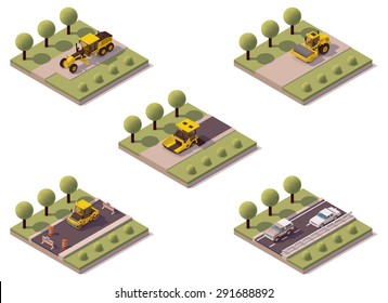 Elemento infográfico isométrico vetorial representando a tecnologia de asfalto de superfície da estrada e maquinaria relacionada