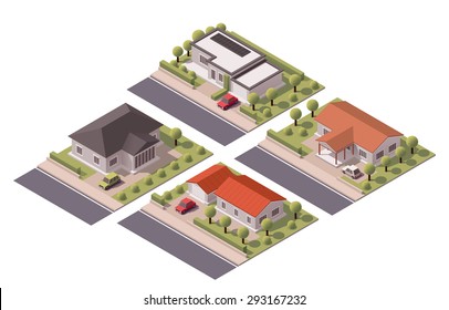 Vector Isometric Infographic Element Representing Small Town Or Suburb Buildings With Backyards