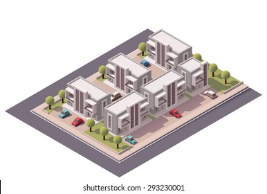 Vector Isometric Infographic Element Representing Map Of The Small Town Or Suburb With Buildings And Cars On The Streets