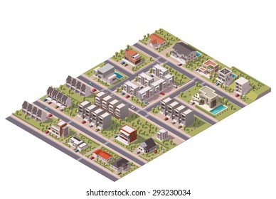 Vector isometric infographic element representing map of the small town or suburb with buildings and streets