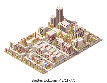 Vector Isometric infographic element representing city streets with different buildings, houses, shops and skyscrapers