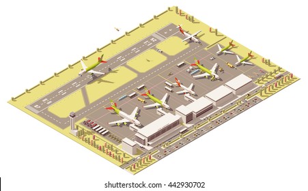 Vector Isometric infographic element representing low poly airport terminal with airport traffic control tower, landing jet airplane, ground support vehicles working at apron near the airplanes