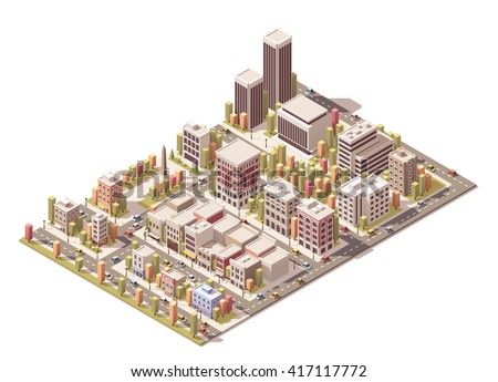 Vector Isometric infographic element representing city streets with different buildings, houses, shops and skyscrapers