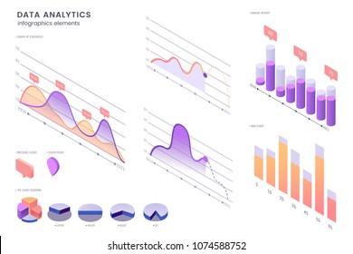 Vector Isometric infographic element set. Colorful infographic design on white background. Use for business presentation, statistics of data, web site. Decorative diagrams, graphs, columns, pyramids.