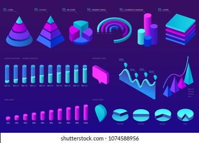 Conjunto de elementos infográficos isométricos vetoriais. Design infográfico colorido. Elementos de design para apresentação de negócios, estatísticas de dados, site web. Diagramas decorativos, gráficos, colunas, pirâmides. Eps 10