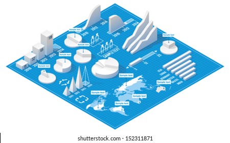 Vector Isometric Infographic Elements - 3d Bar And Pie Charts And World Map 