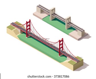 Vector isometric  infographic elements or icon set representing low poly suspension bridge over the river. Cars, trucks and buses passing the bridge