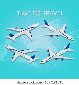 Vector Isometric infographic elements passenger airplanes. Travel concept in isometric style Time to travel.