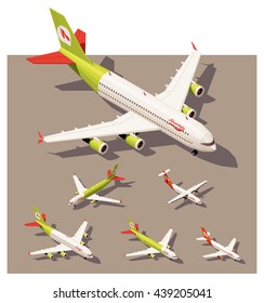 Vector Isometric infographic elements set representing commercial passenger airplanes. Different classes of jet and propeller engine airplanes in low poly style