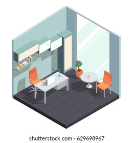 Vector isometric interior, 3d office, room in isometry with shadows, working space with table, chairs and big window