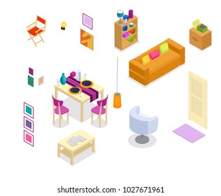 Vector isometric interior elements with braided box with shaelf paintings chair interior door rug elements isolated on white interior table sofa couch