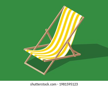 Vector isometric isolated illustration in cartoon style with no outline. Deck chair. Furniture for relaxing at the ocean shore or for sunbathing in the garden. Striped pattern cloth on wooden frame.