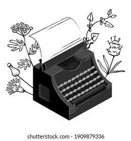 Vector isometric isolated illustration with typewriter, blank sheet, plant background in form of drawn doodles. Concept literature, writing, typography.
