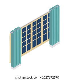 Vector isometric isolated on white window evening curtains blue
