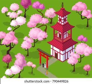Vector isometric japanese garden with temple and gates