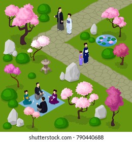 Vector isometric japanese garden walking people