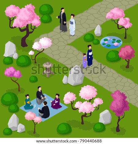 Vector isometric japanese garden walking people