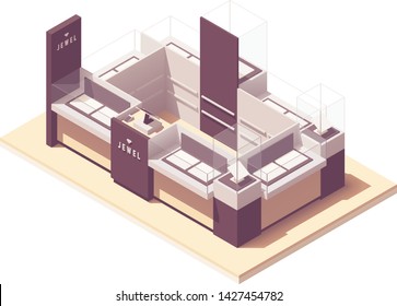 Vector isometric jewelry mall retail kiosk or retail merchandising unit. Showcases, cash register, credit card payment terminal