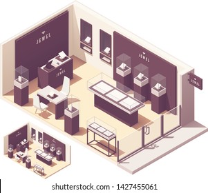 Vector isometric jewelry shop interior. Glass showcases, counter with cash register