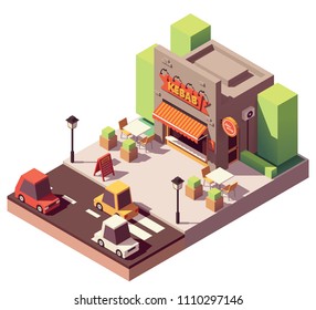 Vector isometric kebab shop or street food kebab restaurant building with sale signboard, awning and outdoor tables