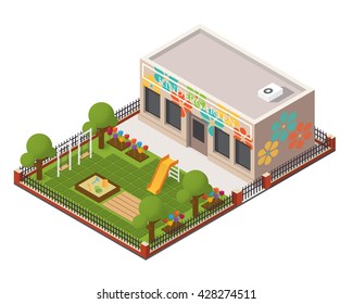 Vector Isometric Kindergarten. Kids Playground. Flat Building Map Icon