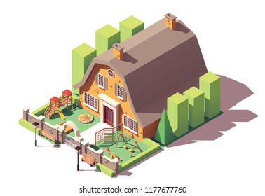 Vector isometric kindergarten or preschool building with playground, fence and gate