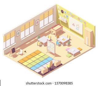 Vector Isometric Kindergarten Preschool Classroom Cross-section. Blackboard, Furniture, Alphabet Chart, Sand Table, A Place For Everyone Carpet