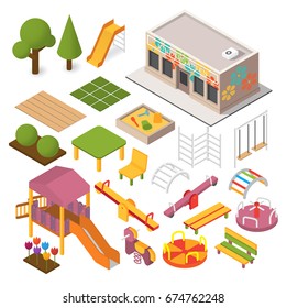 Vector isometric kindergarten preschool. Kids playground. 3d building icon set