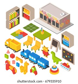 Vector isometric kindergarten preschool. Kids classroom. 3d building icon set