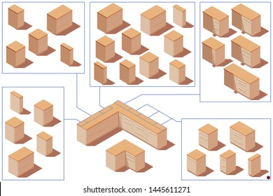 Vector Isometric Kitchen Floor Cabinets. Set Of Items To Create A Scene. Low Poly 3d Vector Illustration. Scale Cube.