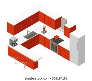 Vector isometric kitchen with furniture