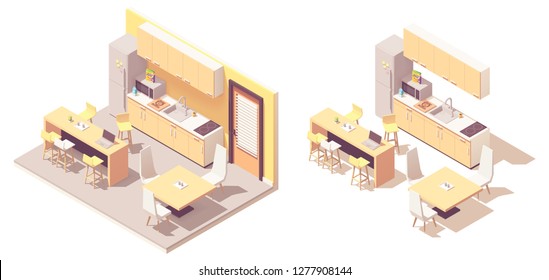 Vector isometric kitchen. Kitchen furniture, fridge, microwave oven, sink, tables with chairs and electric stove