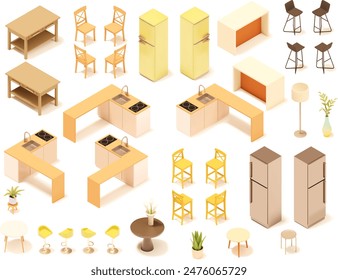 Vector isometric kitchen furniture set. Dining room table, lamps, cabinets and stools, stove, oven, sink, kitchen island and countertop