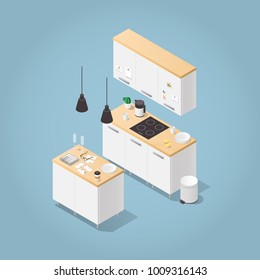 Vector isometric kitchen illustration. Small kitchen with island, cabinets,  lamps, trash bin, induction cooker, dishes, teapot, cup and other cooking equipment. Highly detailed.