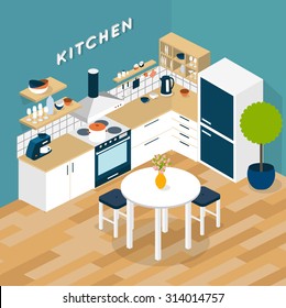 Vector isometric kitchen interior - 3D illustration