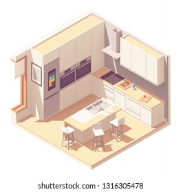 Vector isometric kitchen interior cross-section with island, furniture, built in oven, fridge and other appliances