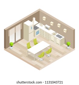 Vector isometric kitchen  interior set of furniture icons. Modern interior, furniture for home cooking: refrigerator, stove, microwave, dining table.Vector illustration