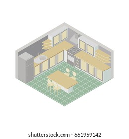 Vector isometric kitchen room icon. 3d element  includes furniture and major kitchen appliances.